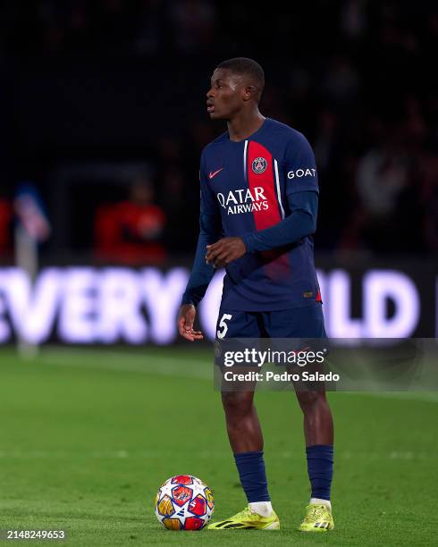 Nuno Mendes of Paris Saint-Germain with the ball during the UEFA Champions League quarter-final first leg match between Paris Saint-Germain and FC...