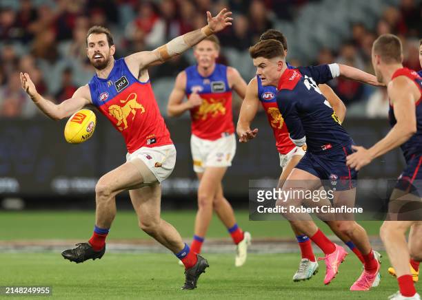Darcy Gardiner of the Lions looks to get the ball during the round five AFL match between Melbourne Demons and Brisbane Lions at Melbourne Cricket...