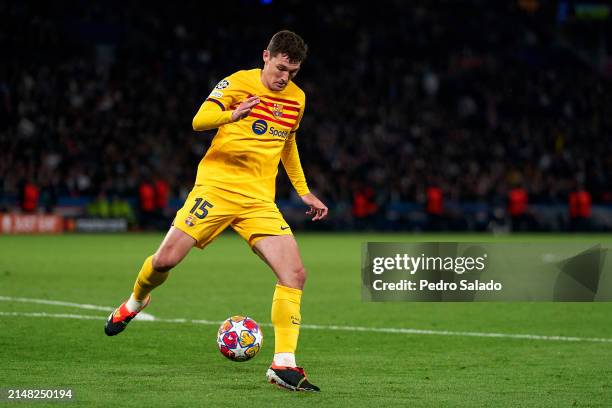 Andreas Christensen of FC Barcelona with the ball during the UEFA Champions League quarter-final first leg match between Paris Saint-Germain and FC...