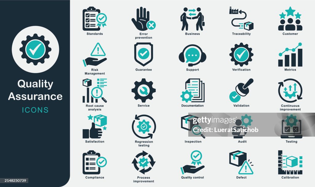 Quality Assurance solid icons collection. guarantee, support, improvement, development, testing, satisfaction, Inspection, Verification, Validation, Standards, Defect, Compliance, Audit, Metrics