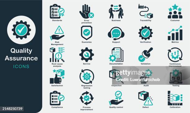 quality assurance solid icons collection. guarantee, support, improvement, development, testing, satisfaction, inspection, verification, validation, standards, defect, compliance, audit, metrics - quality control stock illustrations