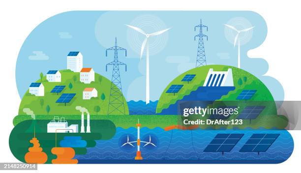 ilustraciones, imágenes clip art, dibujos animados e iconos de stock de energía verde renovable - economía verde
