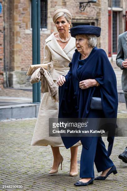 Queen Maxima of The Netherlands and Princess Beatrix of The Netherlands attend the Four Freedom Award Ceremony at the Abbey on April 11, 2024 in...