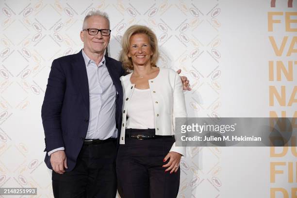 Thierry Frémaux and Iris Knobloch attend the 76th Cannes Film Festival Official Selection Presentation At UGC Normandie on April 11, 2024 in Paris,...