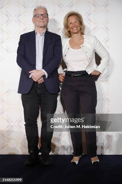 Thierry Frémaux and Iris Knobloch attend the 76th Cannes Film Festival Official Selection Presentation At UGC Normandie on April 11, 2024 in Paris,...