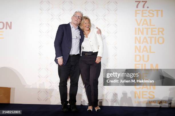 Thierry Frémaux and Iris Knobloch attend the 76th Cannes Film Festival Official Selection Presentation At UGC Normandie on April 11, 2024 in Paris,...