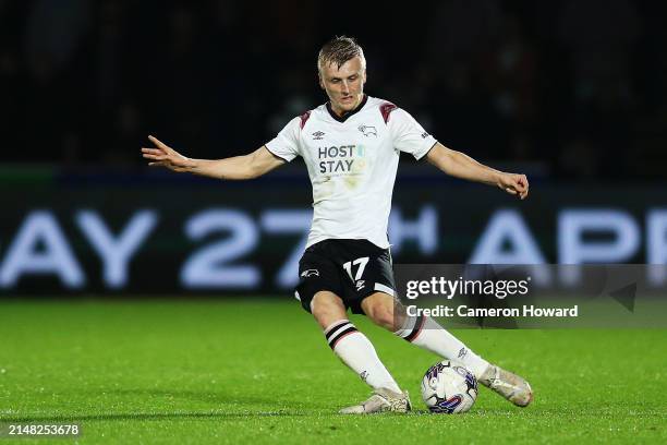 Louie Sibley of Derby County passes the ball during the Sky Bet League One match between Wycombe Wanderers and Derby County at Adams Park on April...