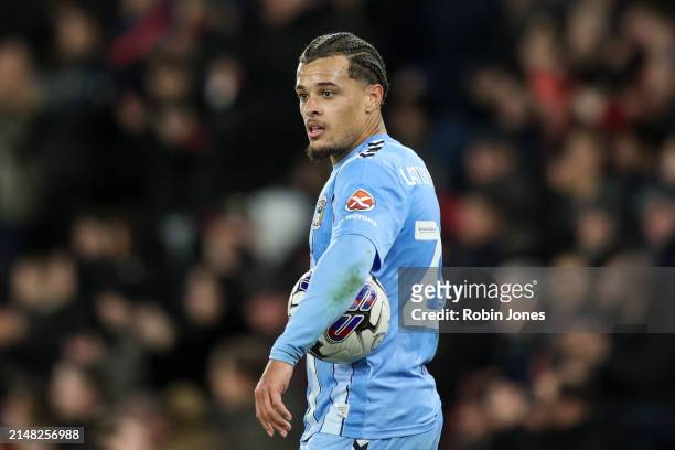Joel Latibeaudiere ofc during the Sky Bet Championship match between Southampton FC and Coventry City at St Mary's Stadium on April 09, 2024 in...