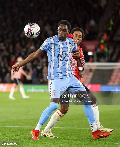 Fabio Tavares of Coventry City holds off Kyle Walker-Peters of Southampton during the Sky Bet Championship match between Southampton FC and Coventry...