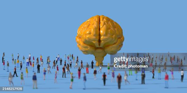 crowd of people surrounding brain object on blue background - small stock illustrations stock pictures, royalty-free photos & images