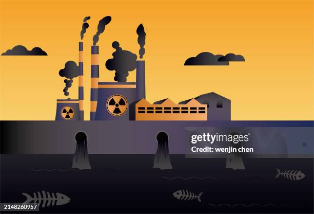 factory nuclear pollution, environmental protection concept illustration - ocean garbage stock illustrations