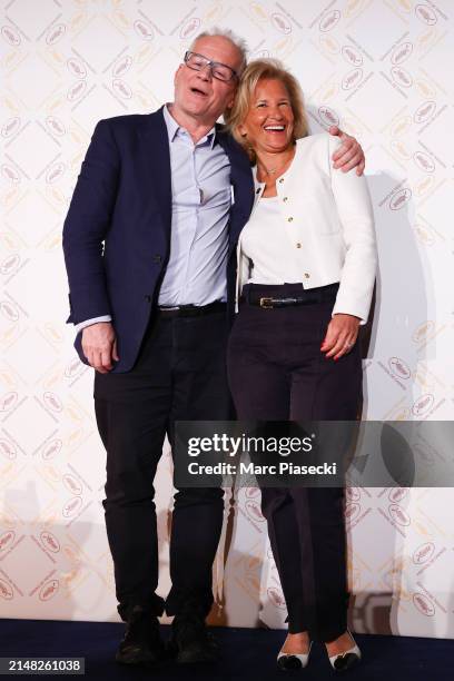 Thierry Fremaux and Iris Knobloch attend the 76th Cannes Film Festival Official Selection Presentation At UGC Normandie on April 11, 2024 in Paris,...