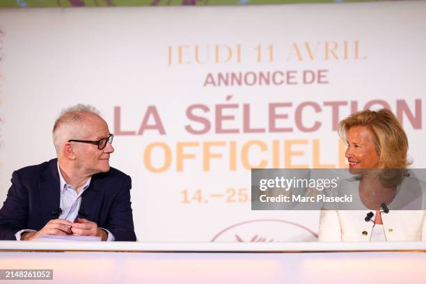 Thierry Fremaux and Iris Knobloch attend the 76th Cannes Film Festival Official Selection Presentation At UGC Normandie on April 11, 2024 in Paris,...