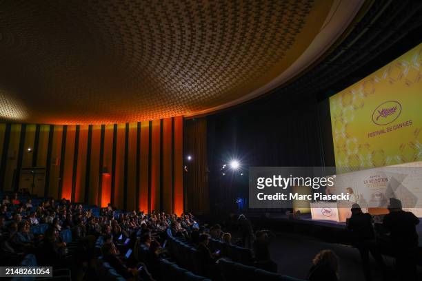Thierry Fremaux and Iris Knobloch attend the 76th Cannes Film Festival Official Selection Presentation At UGC Normandie on April 11, 2024 in Paris,...