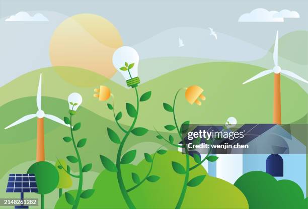 environmental protection and new energy concept map - solar panel construction stock illustrations