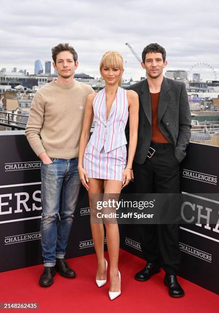 Mike Faist, Zendaya and Josh O'Connor during the 'Challengers' photocall at Claridges Hotel on April 11, 2024 in London, England. ‘Challengers’ will...