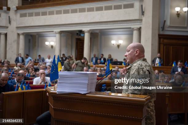 Commander of the Joint Forces of the Armed Forces of Ukraine, Yurii Sodol speaks from the rostrum before the Verkhovna Rada's law on military...