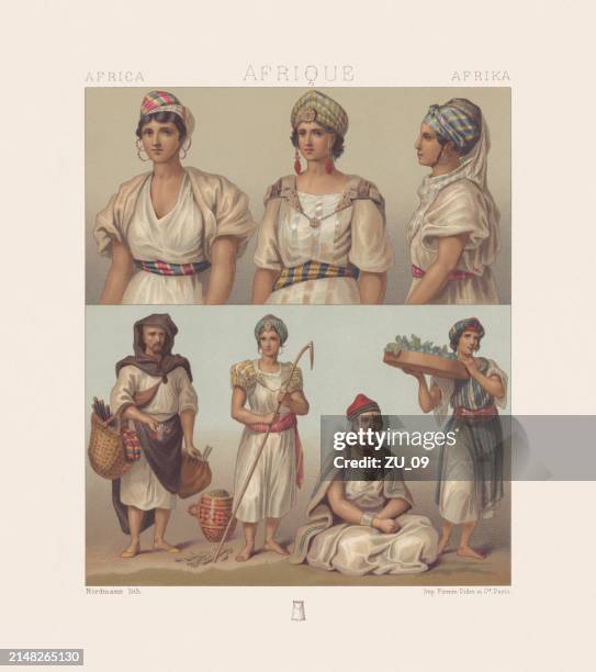 traditional african clothing: algeria and tunisia, chromolithograph, published in 1888 - atlas mountains stock illustrations