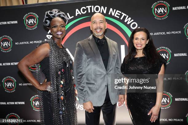 Barkue Tubman-Zawolo, Ruben Diaz, and Alexis McGill Johnson attend the 2024 National Action Network Keepers Of The Dream Awards on April 10, 2024 in...