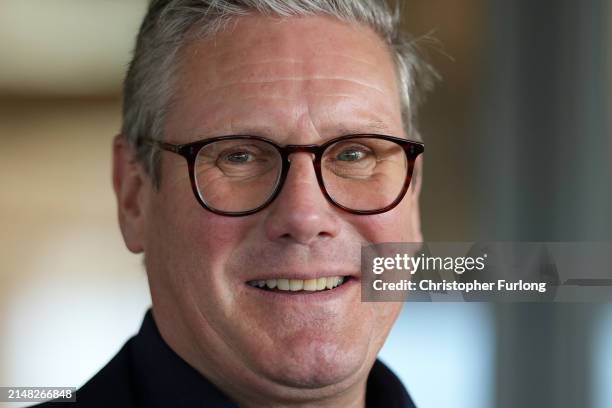 Labour Party leader Sir Keir Starmer talks during a visit to the Blackpool South constituency on April 11, 2024 in Blackpool, England. The leader of...