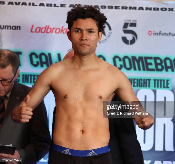 Marvin Solano from Nicaragua Feather Weight Boxer during the Weigh-In ahead of the Wasserman fight night at Town Hall Hotel on April 11, 2024 in...