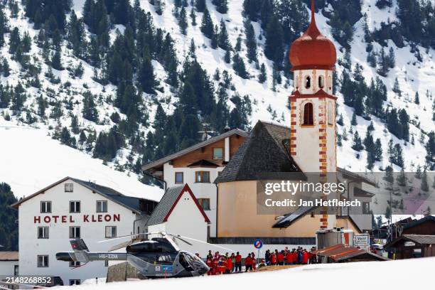 Rescue teams prepare for an avalanche operation in the village of Vent in the Oetztal valley on April 11, 2024 near Vent, Austria. According to...