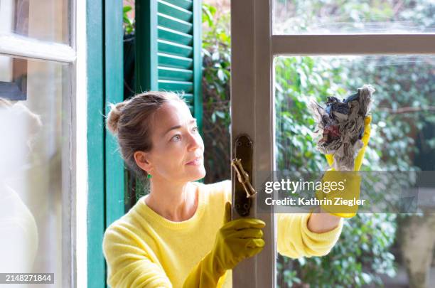 woman cleaning the windows with newspaper - cleaning bildbanksfoton och bilder