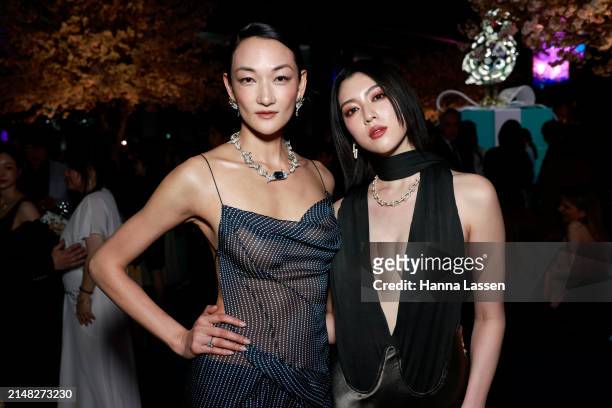 Ai Tominaga and Ayaka Miyoshi attend Tiffany & Co.'s opening celebration for the House's 'Tiffany Wonder' exhibition at the TOKYO NODE gallery on...