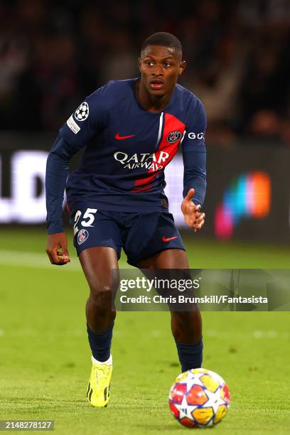 Nuno Mendes of Paris Saint-Germain in action during the UEFA Champions League quarter-final first leg match between Paris Saint-Germain and FC...