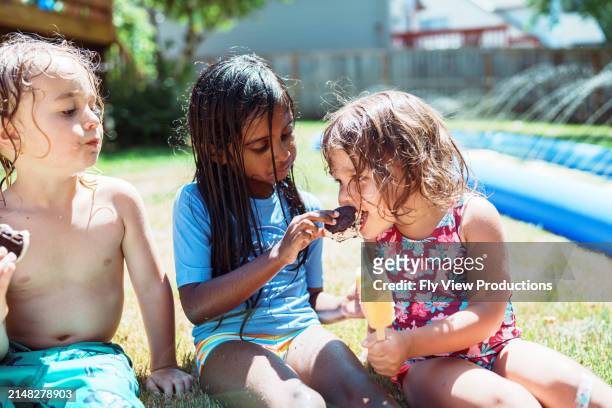 子供たちは外で日向ぼっこをしながらアイスクリームを食べる - chinese eating backyard ストックフォトと画像