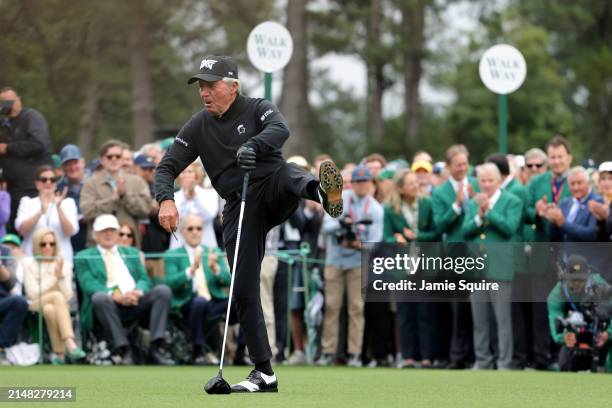 Gary Player of South Africa plays his tee shot in the Honorary Starters ceremony prior to the first round of the 2024 Masters Tournament at Augusta...