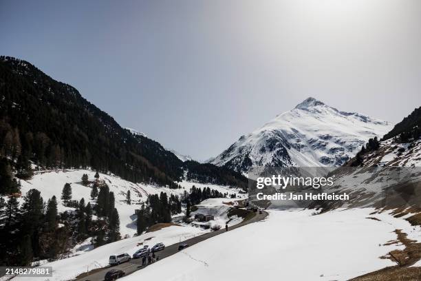 The road to the village of Vent was closed by the police due to the rescue operation following an avalanche in the Oetztal valley on April 11, 2024...