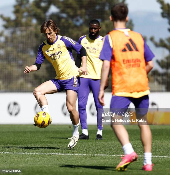 Luka Modric player of Real Madrid is training at Valdebebas training ground on April 11, 2024 in Madrid, Spain.
