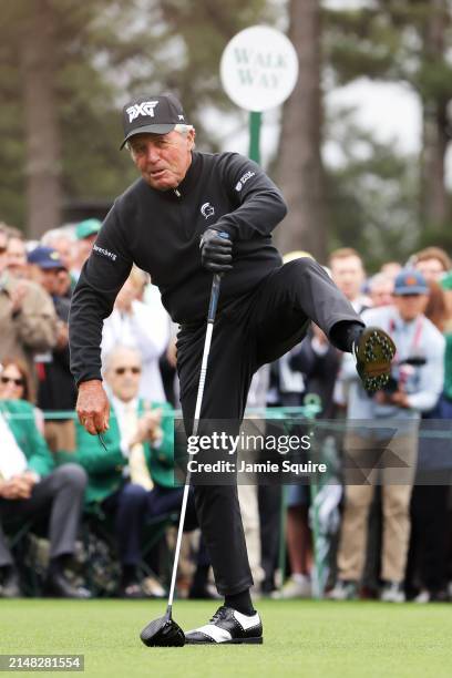 Gary Player of South Africa reacts after his tee shot in the Honorary Starters ceremony prior to the first round of the 2024 Masters Tournament at...