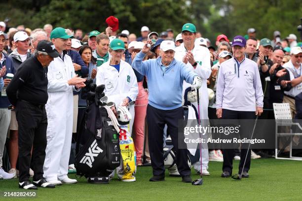 Gary Player of South Africa, Jack Nicklaus of the United States and Tom Watson of the United States take part in the first tee ceremony prior to the...