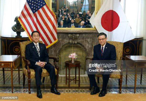 Japanese Prime Minister Fumio Kishida meets with U.S. Speaker of the House Mike Johnson and other Congressional leaders prior to addressing a joint...