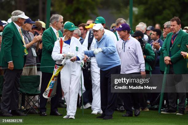 Jack Nicklaus of the United States and Barbara Nicklaus are seen during the first tee ceremony prior to the first round of the 2024 Masters...