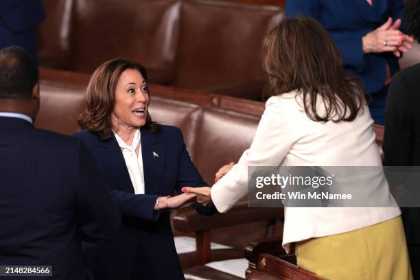 Vice President Kamala Harris arrives to the House of Representatives for an address by Japanese Prime Minister Fumio Kishida at the U.S. Capitol on...