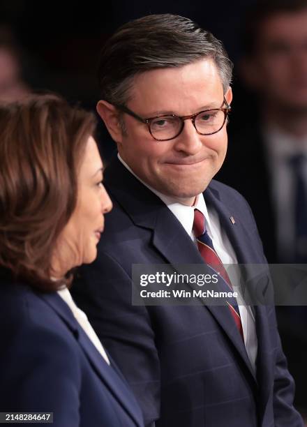 Vice President Kamala Harris and Speaker of the House Mike Johnson talk prior to an address by Japanese Prime Minister Fumio Kishida at the U.S....