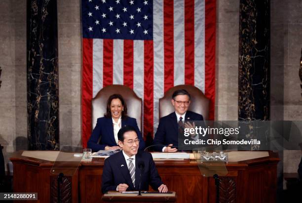 Japanese Prime Minister Fumio Kishida addresses a joint meeting of Congress in the House of Representatives at the U.S. Capitol on April 11, 2024 in...