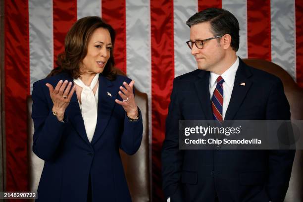 Vice President Kamala Harris and Speaker of the House Mike Johnson talk prior to an address by Japanese Prime Minister Fumio Kishida at the U.S....