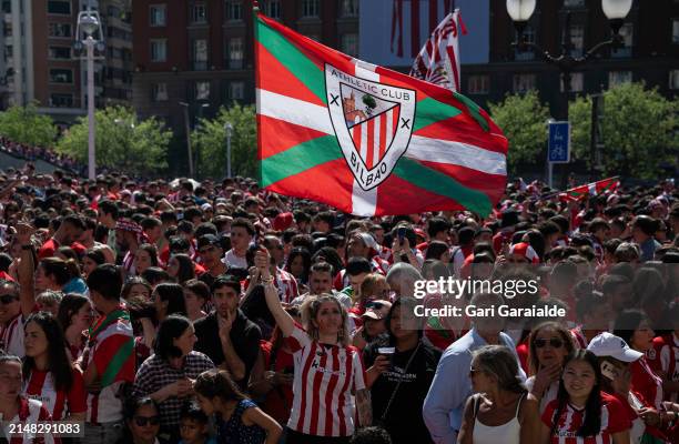 Supporters await the arrival of Athletic Club's players to celebrate with their Spanish Copa del Rey trophy on April 11, 2024 in Bilbao, Spain.