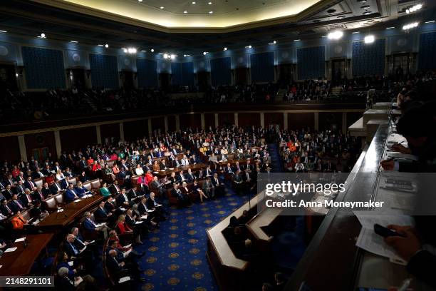 Japanese Prime Minister Fumio Kishida addresses a joint meeting of Congress in the House of Representatives at the U.S. Capitol on April 11, 2024 in...