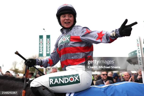 Bryony Frost enters the winners enclosure after riding Sans Brut to victory in the Close Brothers Red Rum Handicap steeple chase during the Opening...