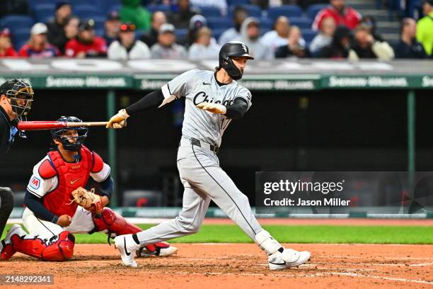 Braden Shewmake of the Chicago White Sox grounds out to first to end the top of the sixth inning against the Cleveland Guardians at Progressive Field...