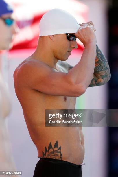 Caeleb Dressel prepares to compete in the Men's 100m Freestyle on Day 2 of the TYR Pro Swim Series San Antonio at Northside Swim Center on April 11,...