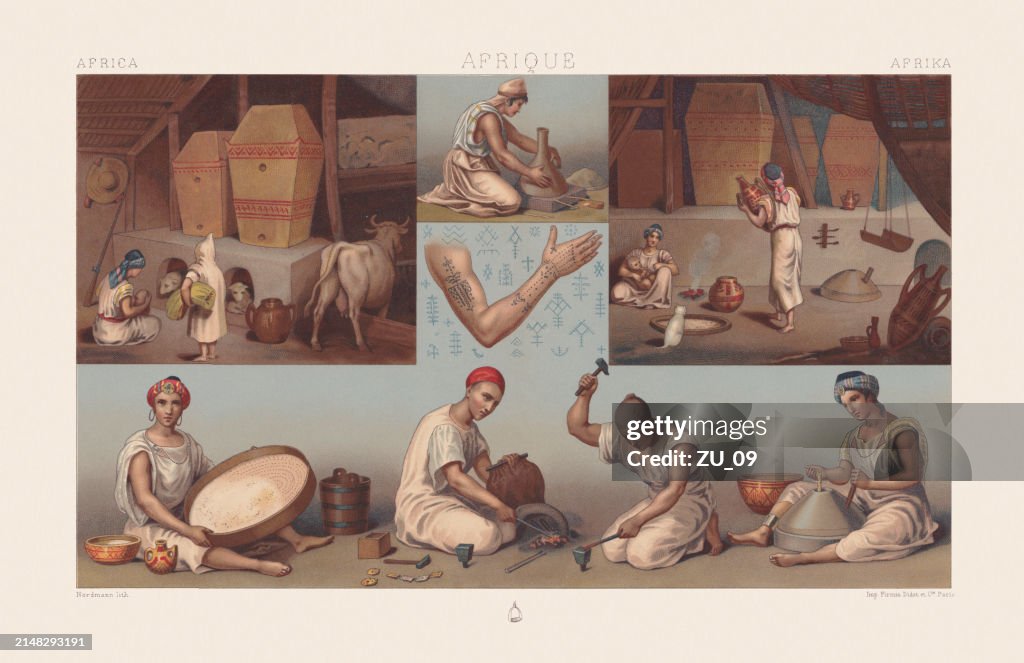 Everyday tasks of the Kabyles in the past, chromolithograph, 1888
