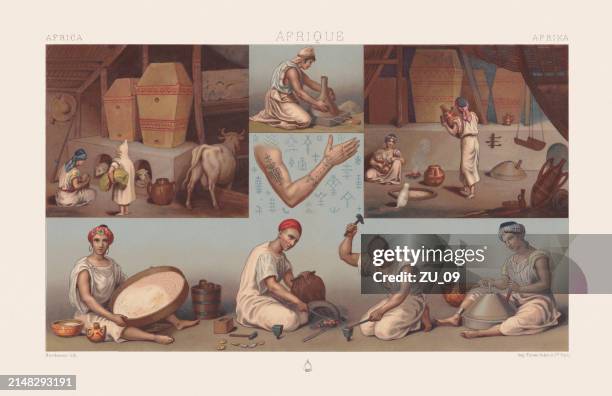 everyday tasks of the kabyles in the past, chromolithograph, 1888 - atlas mountains stock illustrations