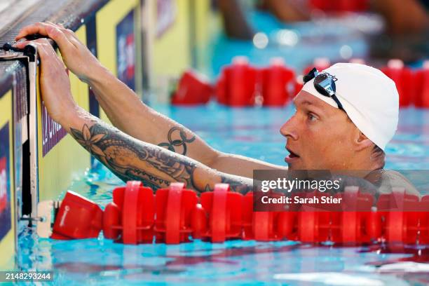 Caeleb Dressel reacts after competing in the Men's 100m Freestyle on Day 2 of the TYR Pro Swim Series San Antonio at Northside Swim Center on April...