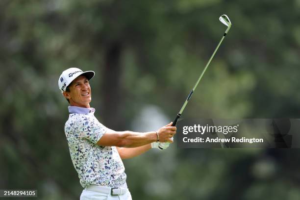 Thorbjørn Olesen of Denmark plays his shot from the fourth tee during the first round of the 2024 Masters Tournament at Augusta National Golf Club on...